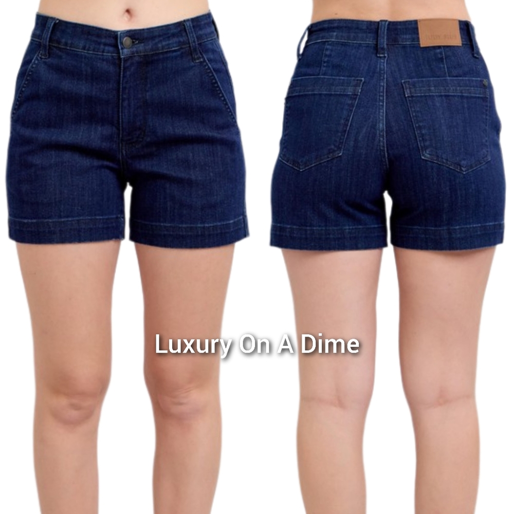 Judy Blue High-Rise Relaxed Boyfriend Dark Jean Mid-length Classic Denim Shorts - Picture 3 of 16